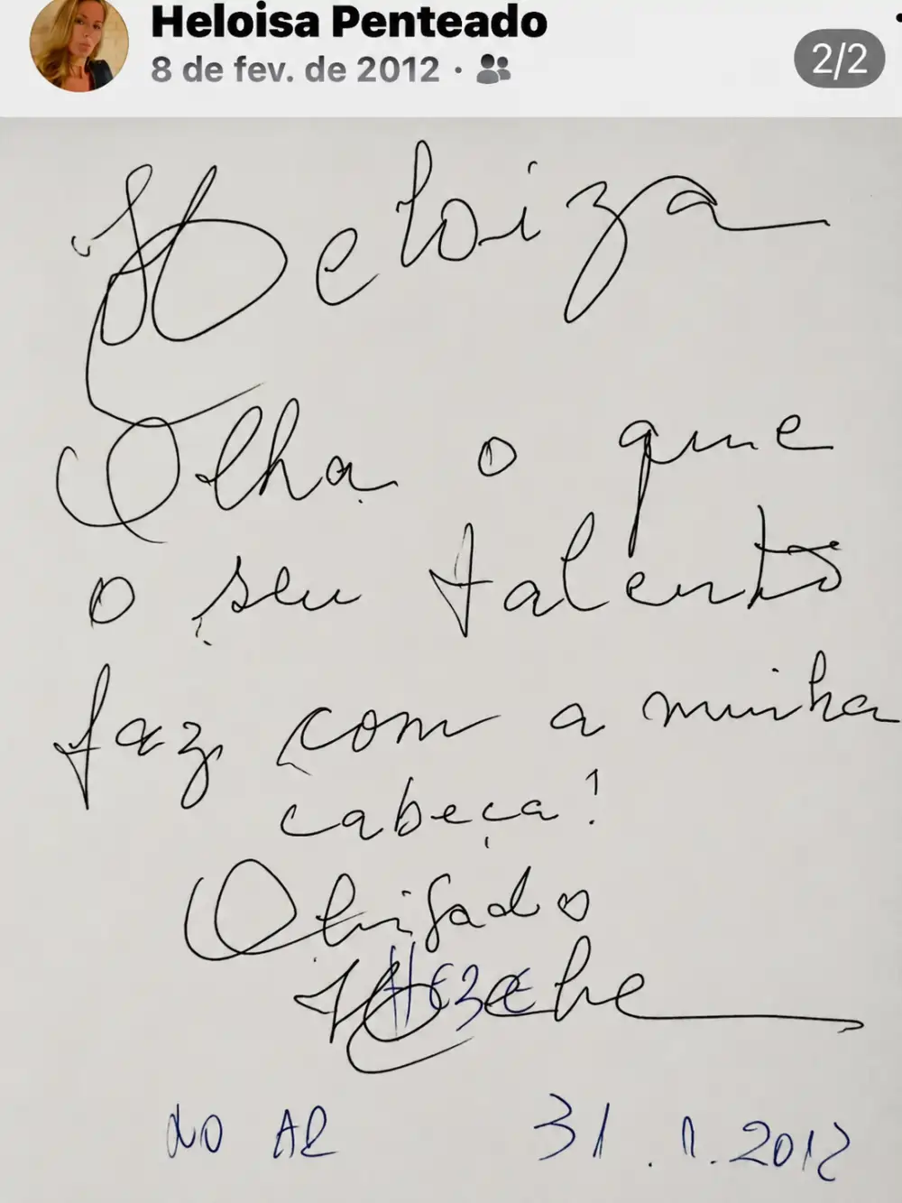Depoimento manuscrito de Hebe para Heloísa Penteado